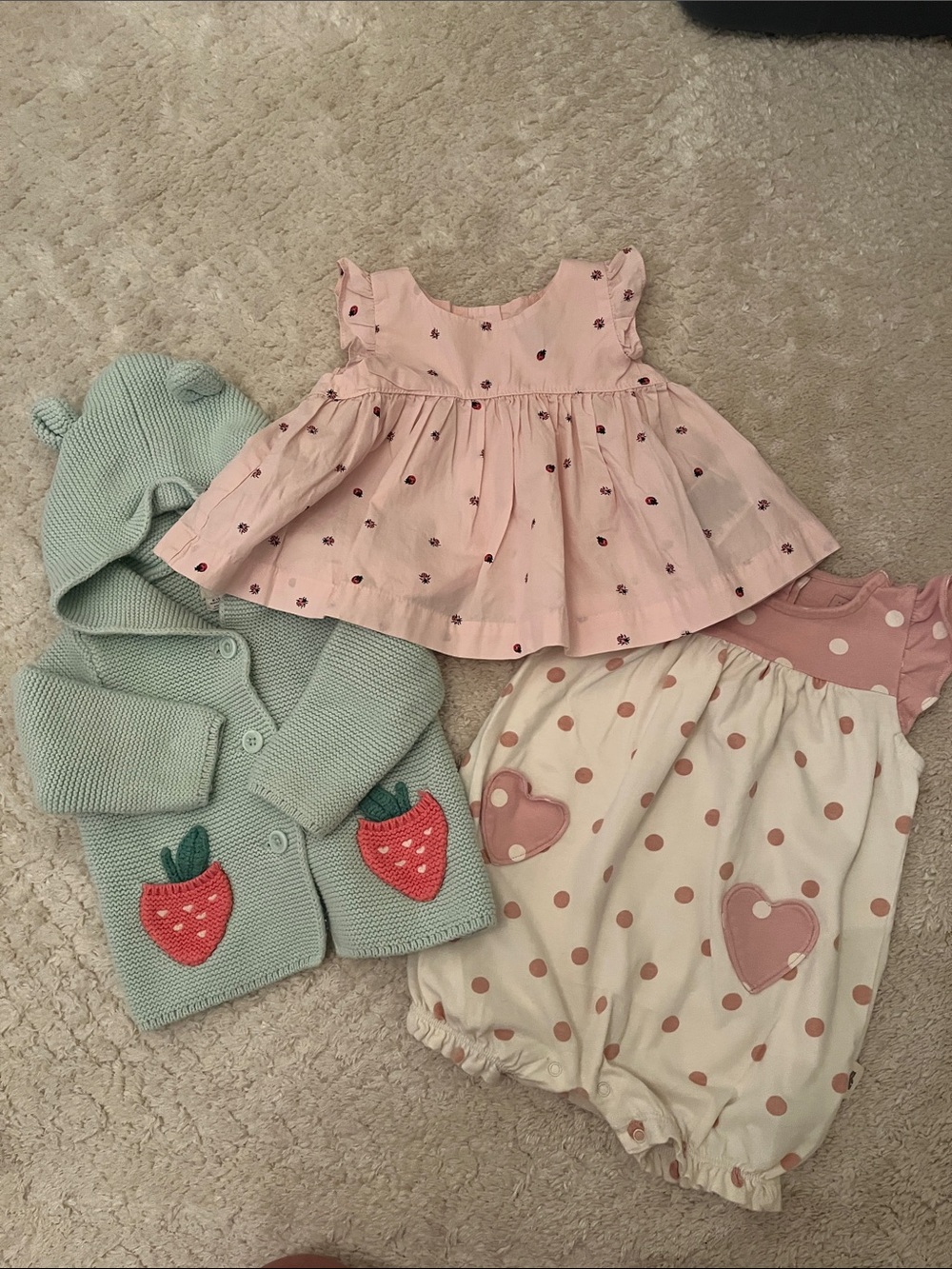 GAP Bundle Pink and Cream Polka Dot Baby Onesie, sweater & Ladybug summer blouse